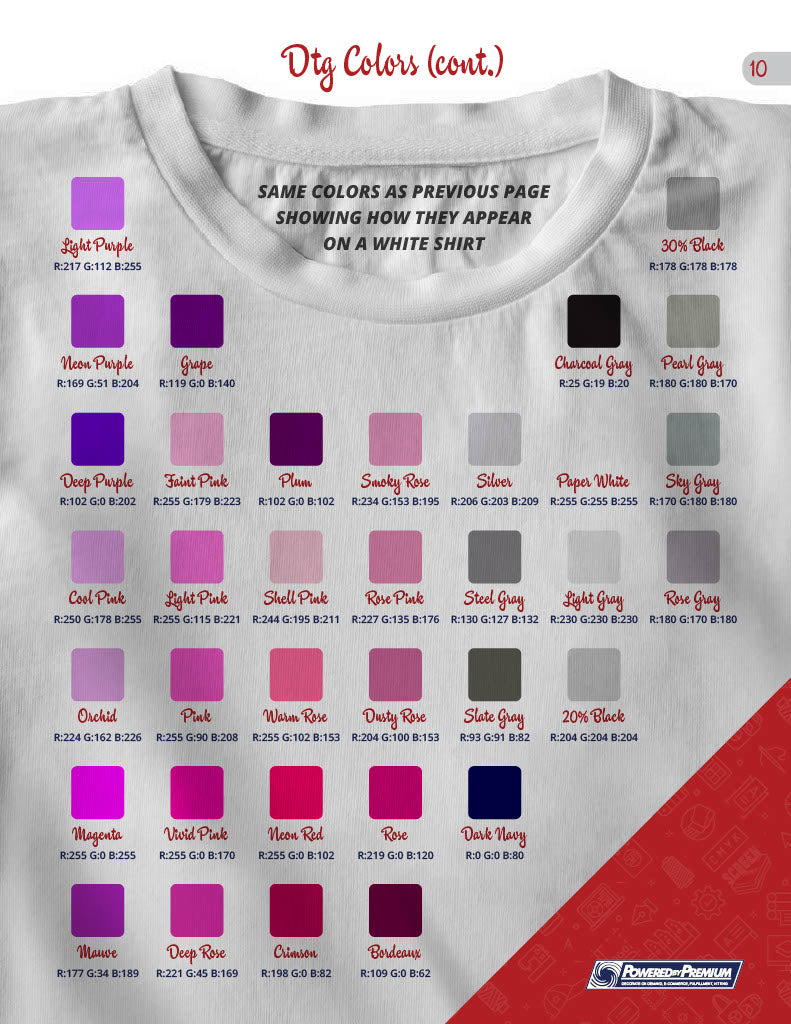 DTG colors displayed on a white shirt, showcasing screen printing options for custom apparel.