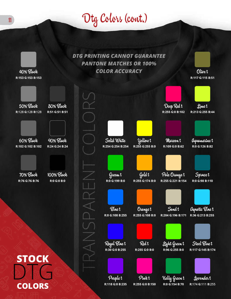 DTG printing color chart showing stock colors for custom screen printing and apparel.