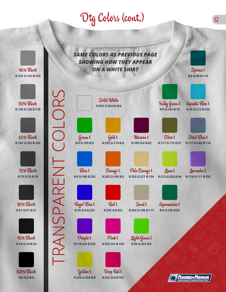 DTG printing color chart showing transparent colors on a white shirt for custom screen printing.