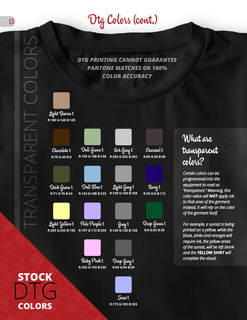 DTG printing color chart showcasing transparent colors and stock shades for custom apparel printing.