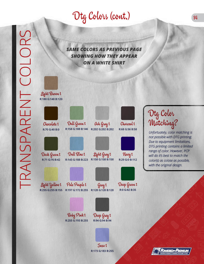 DTG color chart showing transparent colors on a white shirt, essential for custom screen printing and apparel.