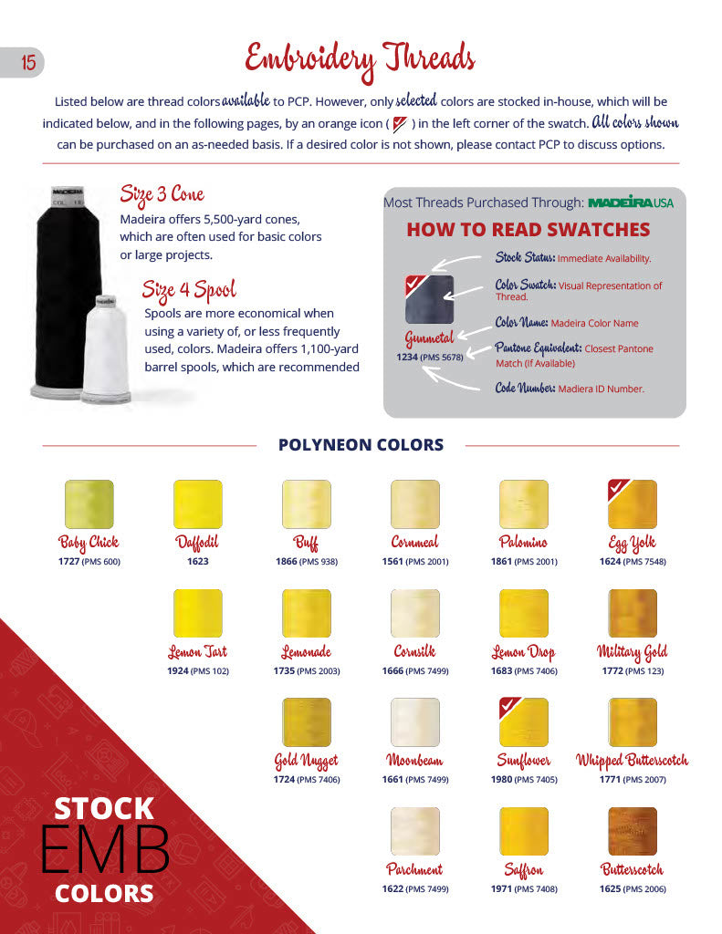 Embroidery thread color swatches for custom screen printing and embroidery projects.