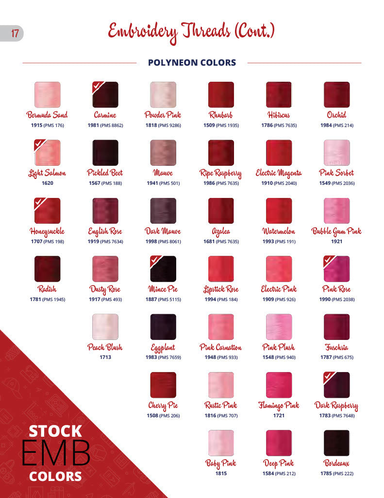 A colorful display of polyeon embroidery thread colors for custom embroidery and personalized products.