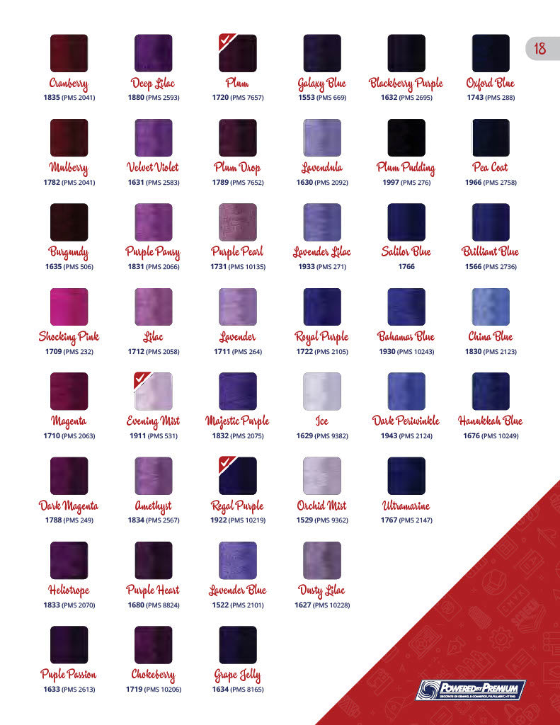 Color swatches for screen printing, including custom options for apparel and promotional merchandise.