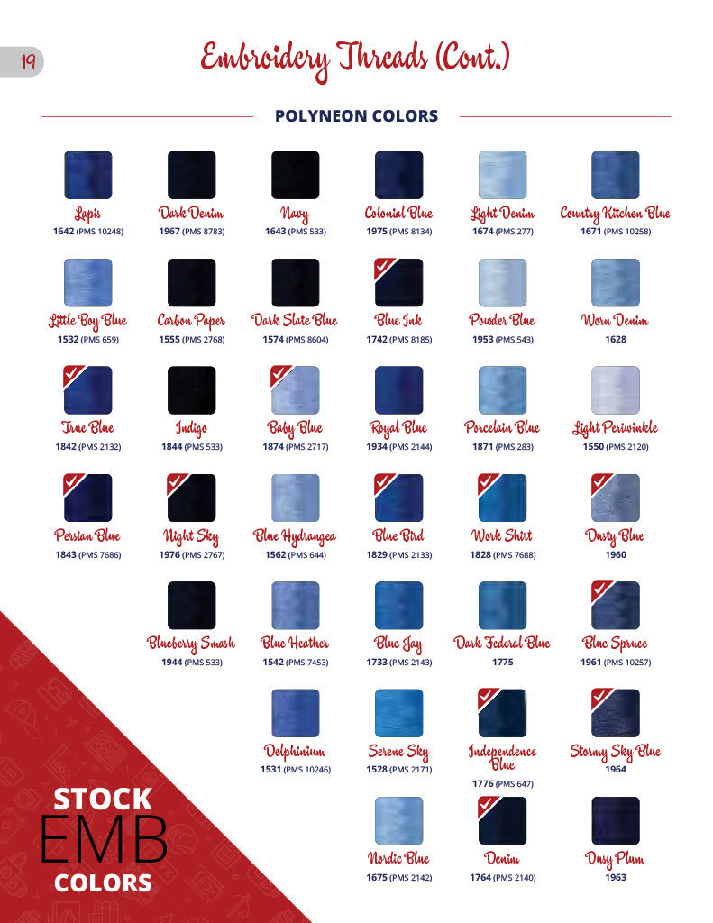 Embroidery thread color chart showcasing polyeon colors for custom embroidery and screen printing.