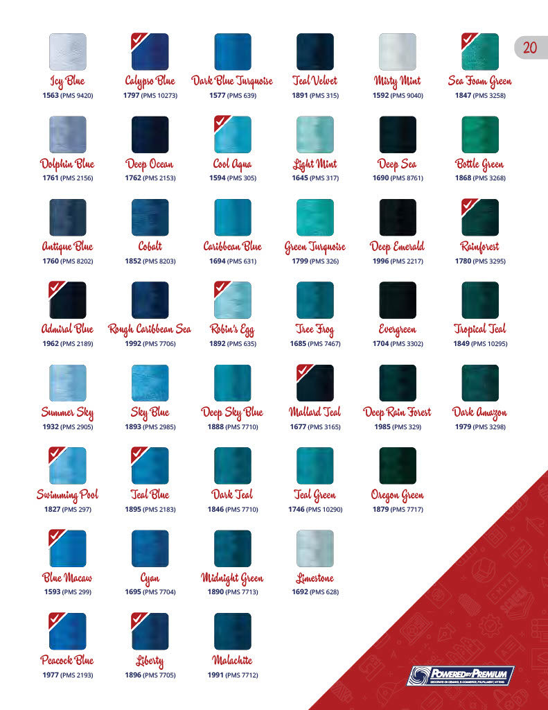 Color swatches for screen printing inks, showcasing various shades for custom apparel and branded merchandise.