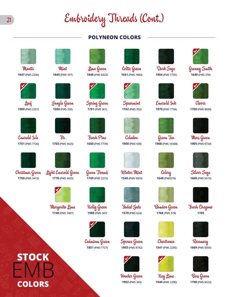 Embroidery thread color palette featuring polyeen colors for custom embroidery and branded merchandise.