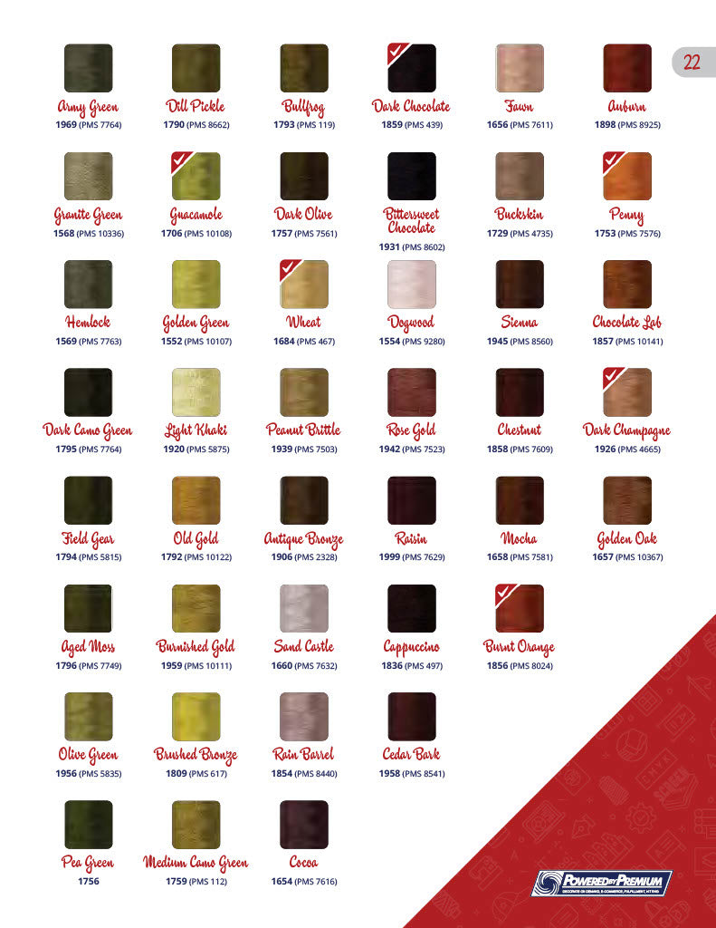 Color palette featuring various shades for screen printing and custom embroidery applications.