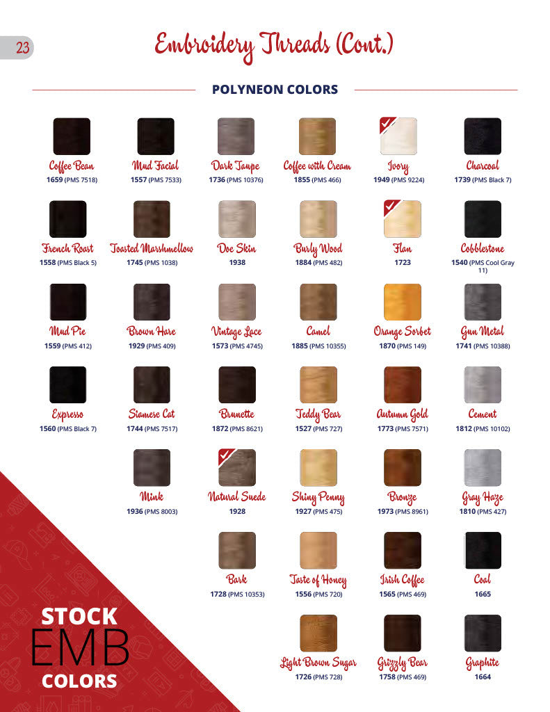 Embroidery thread colors for custom embroidery and branded apparel.