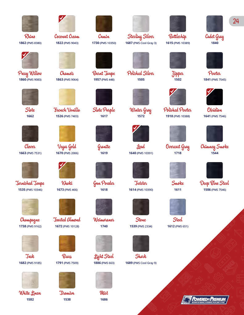 Color swatches for custom screen printing, showcasing various shades for personalized products and branded merchandise.