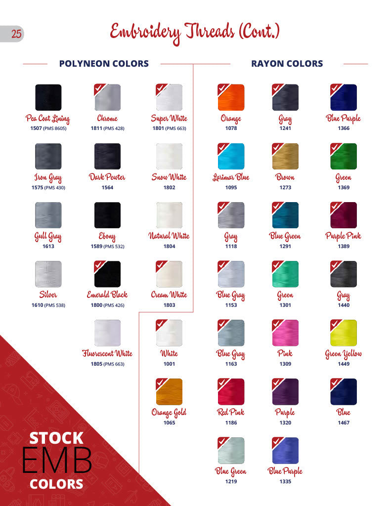 Embroidery threads color chart showcasing polyeon and rayon options for screen printing and custom embroidery.