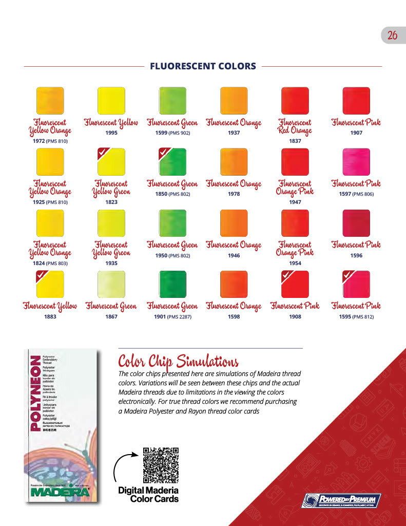 Fluorescent color chart for screen printing, featuring vibrant hues for custom embroidery and apparel.