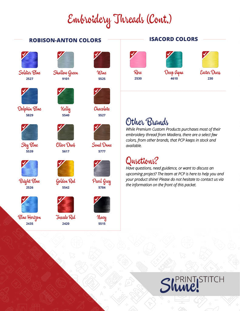 Embroidery thread color chart with Robison-Anton and Isacord color options for custom embroidery.