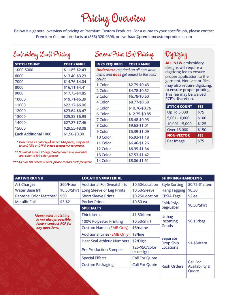 Pricing overview for screen printing, embroidery, and custom merch with details on costs and requirements.