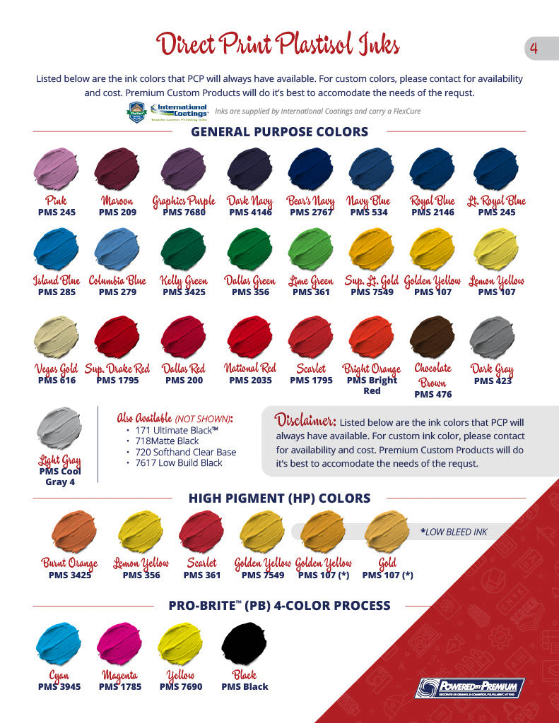 Direct print plastisol ink color chart for screen printing, featuring custom color options and specifications.