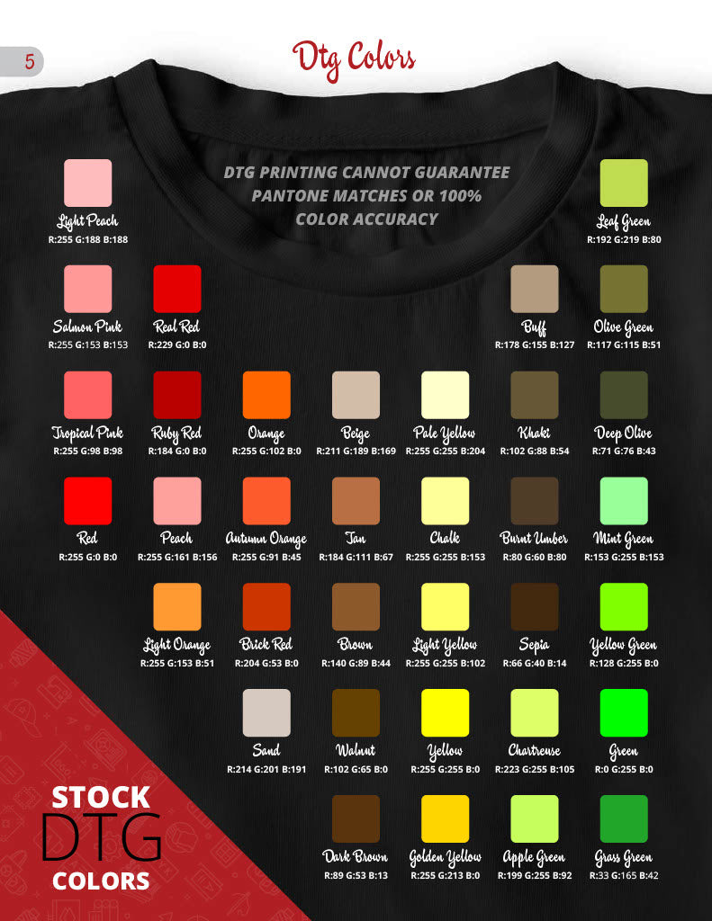 Chart showcasing DTG printing color options for custom apparel, including various shades and color codes.