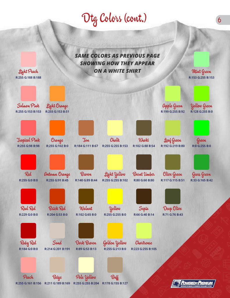 DTG printing color chart showing various colors on a white shirt for custom apparel and branded merchandise.