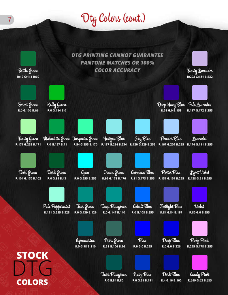 DTG color chart showcasing various hues for custom screen printing and direct to garment printing.