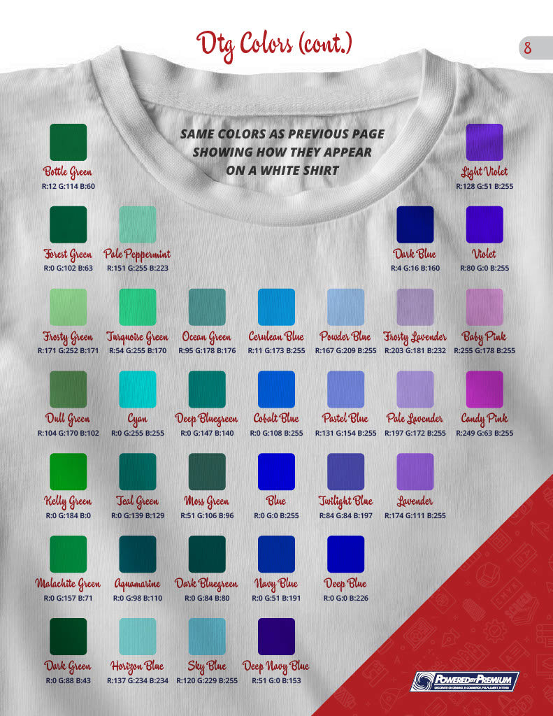 DTG color chart showcasing custom screen printing colors on white shirts for precision personalization.