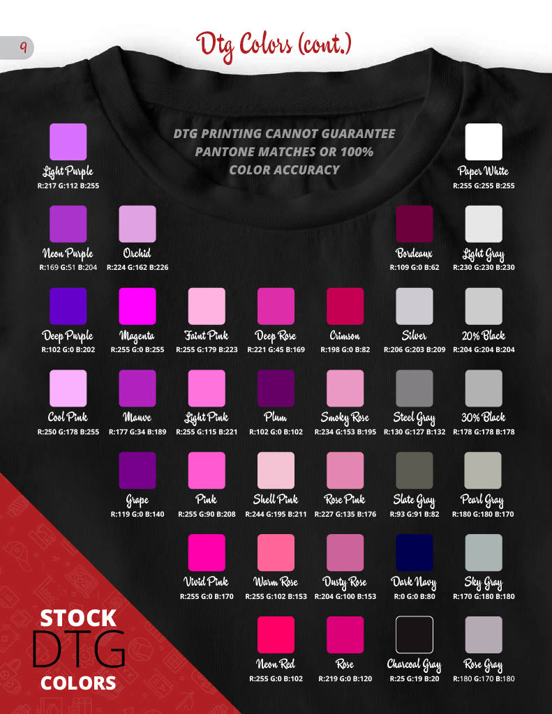 DTG printing color palette featuring stock colors for custom apparel and precision personalization.